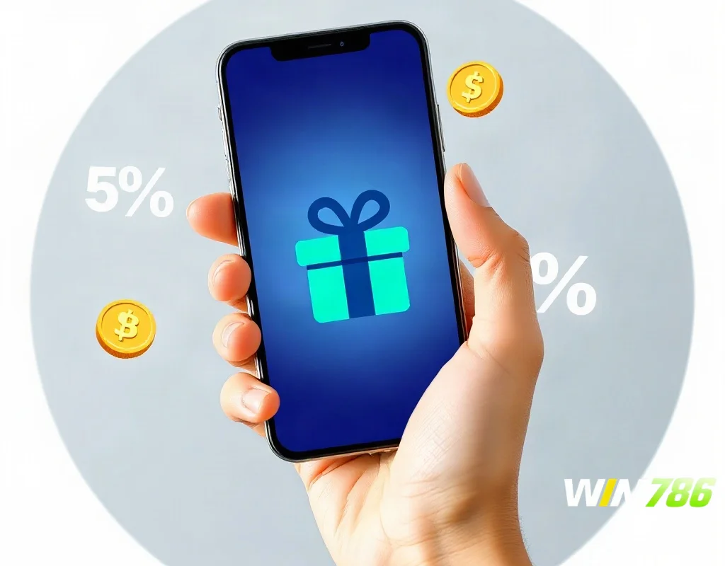 Hand holding smartphone with gift icon and coins representing promotions
