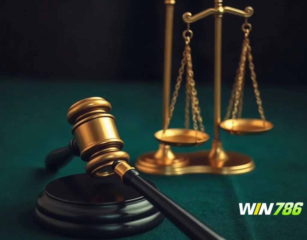 Golden gavel and scales of justice on poker table