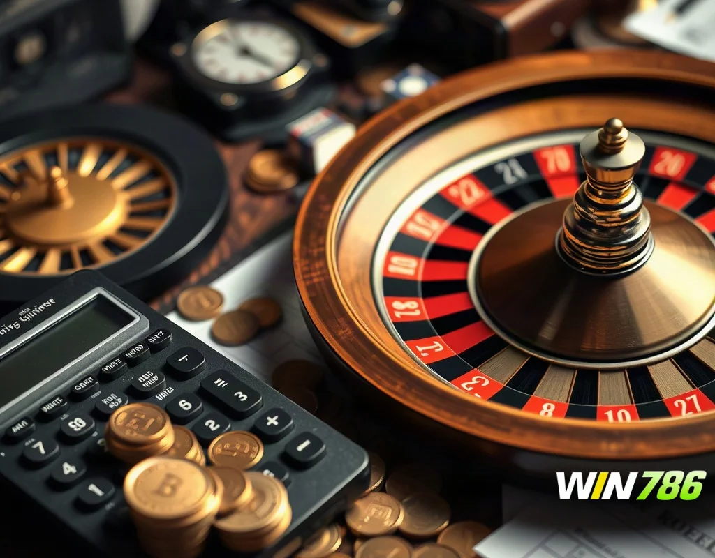 Calculator and roulette wheel on desk