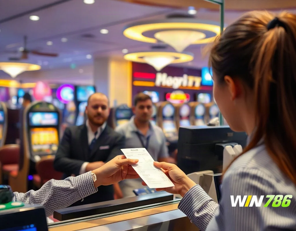 Casino cashier handing receipt
