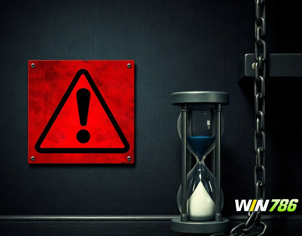 Warning sign with hourglass and chains on dark wall