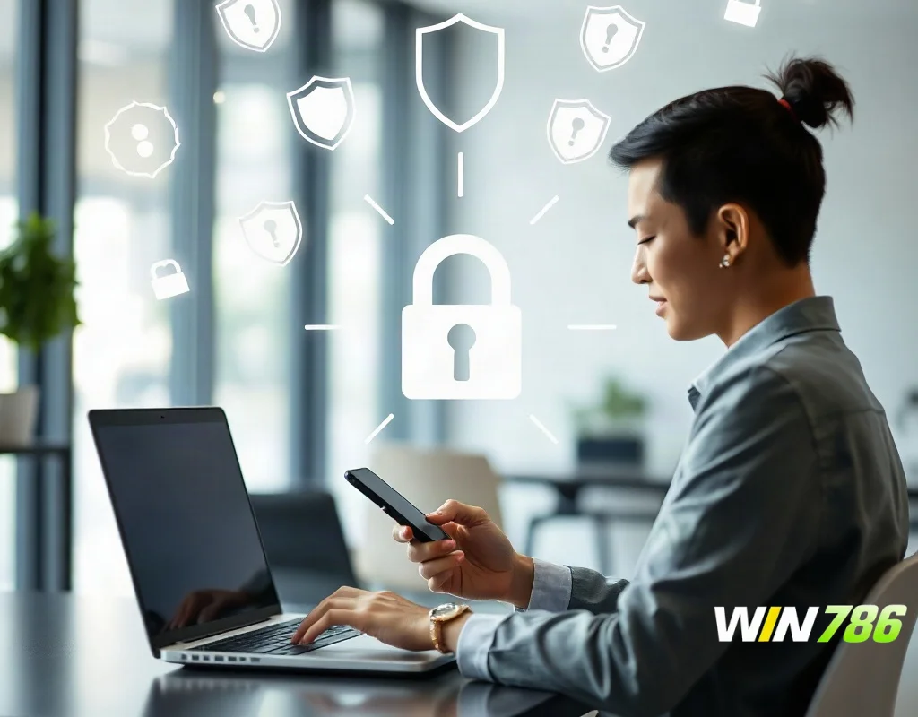 Person with laptop and phone, padlock and shield icons above