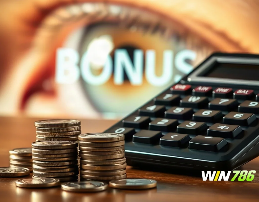 Calculator and coins symbolizing bonus wagering calculations