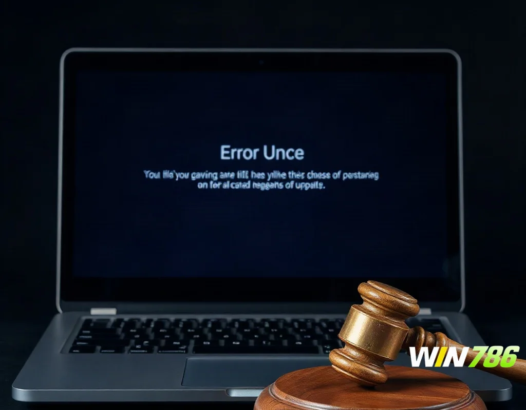 Gavel and laptop with blurred screen symbolizing account termination