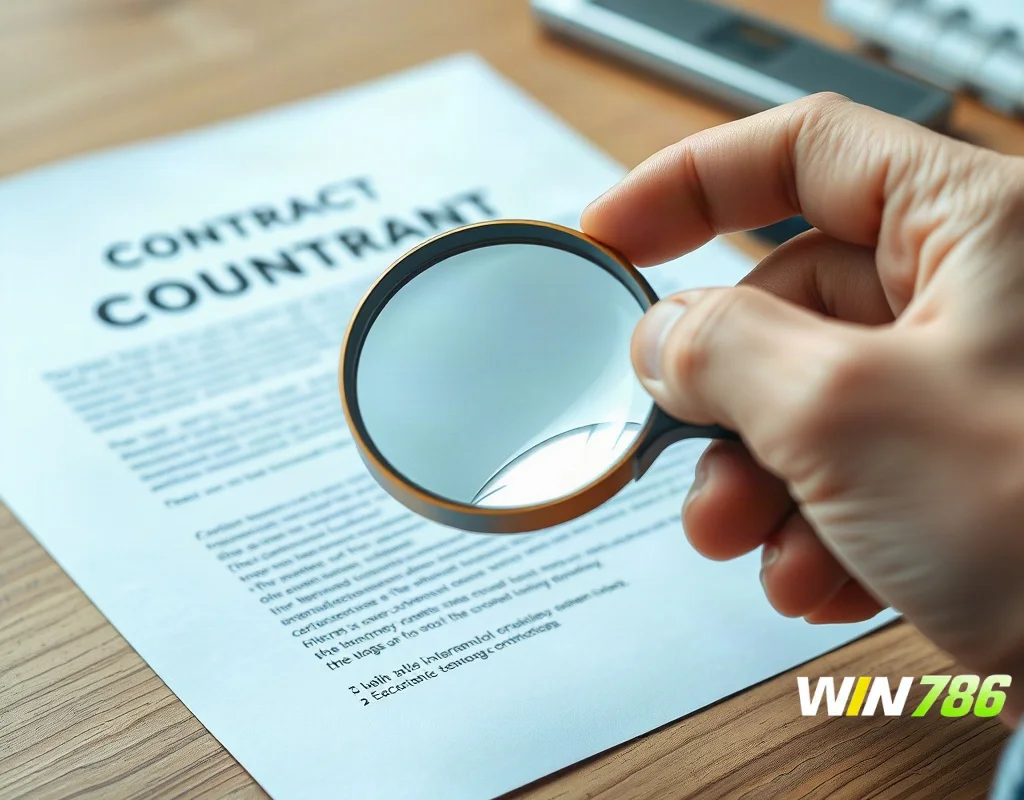 A close-up hand holding a magnifying glass over a printed contract document on a wooden desk