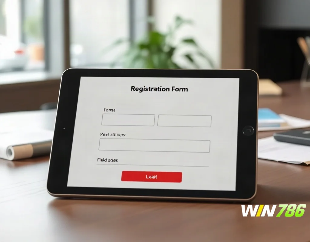 A digital tablet displaying a registration form with blank fields on a modern desk