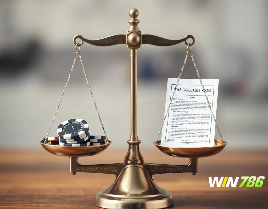 A balance scale with casino chips on one side and a document on the other, centered on a blurred background