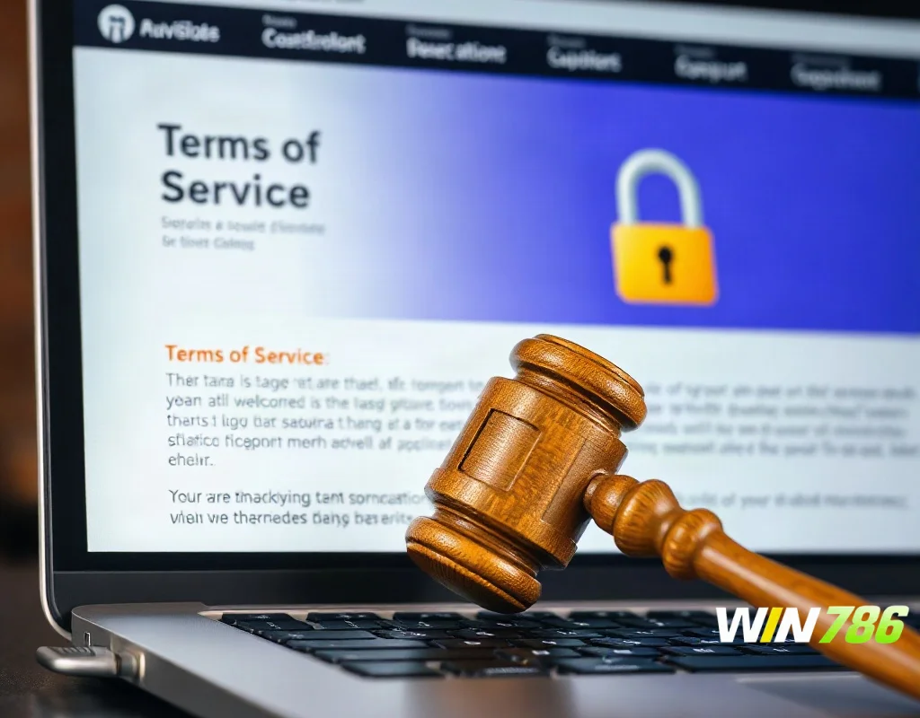 A gavel resting next to a laptop screen showing a terms of service page with security icons