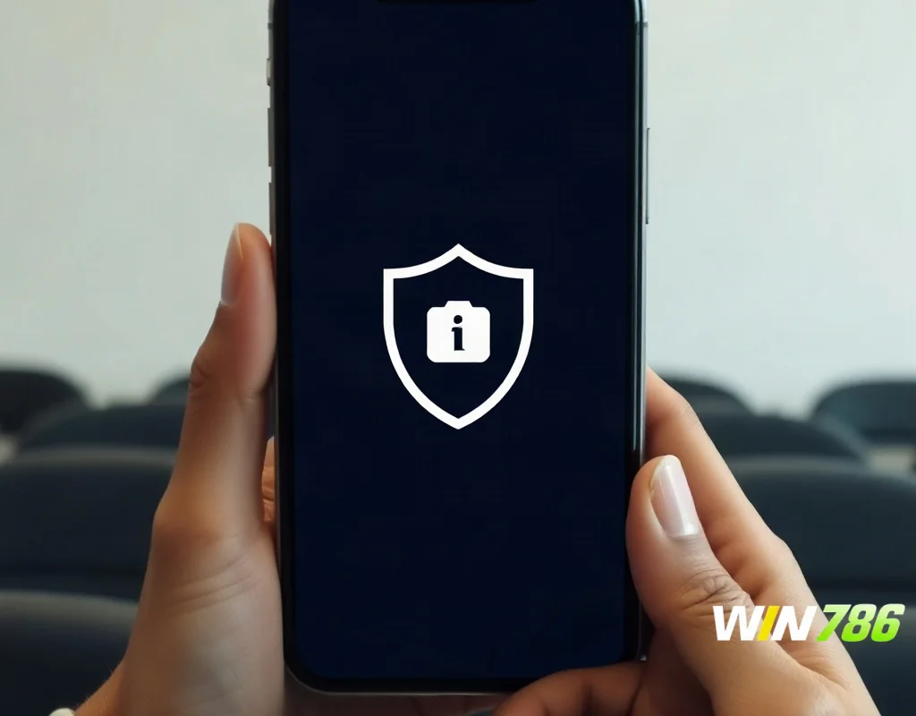 A person holding a smartphone with a shield icon in the center, sitting in a quiet room