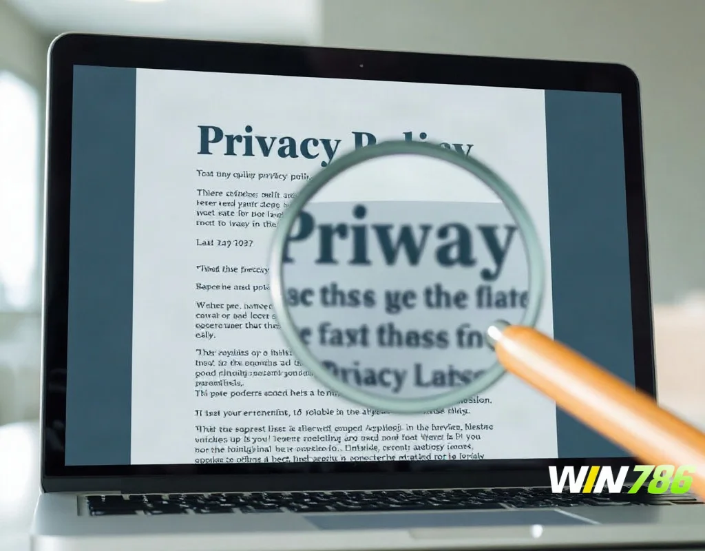 Person reading privacy policy on laptop with magnifying glass