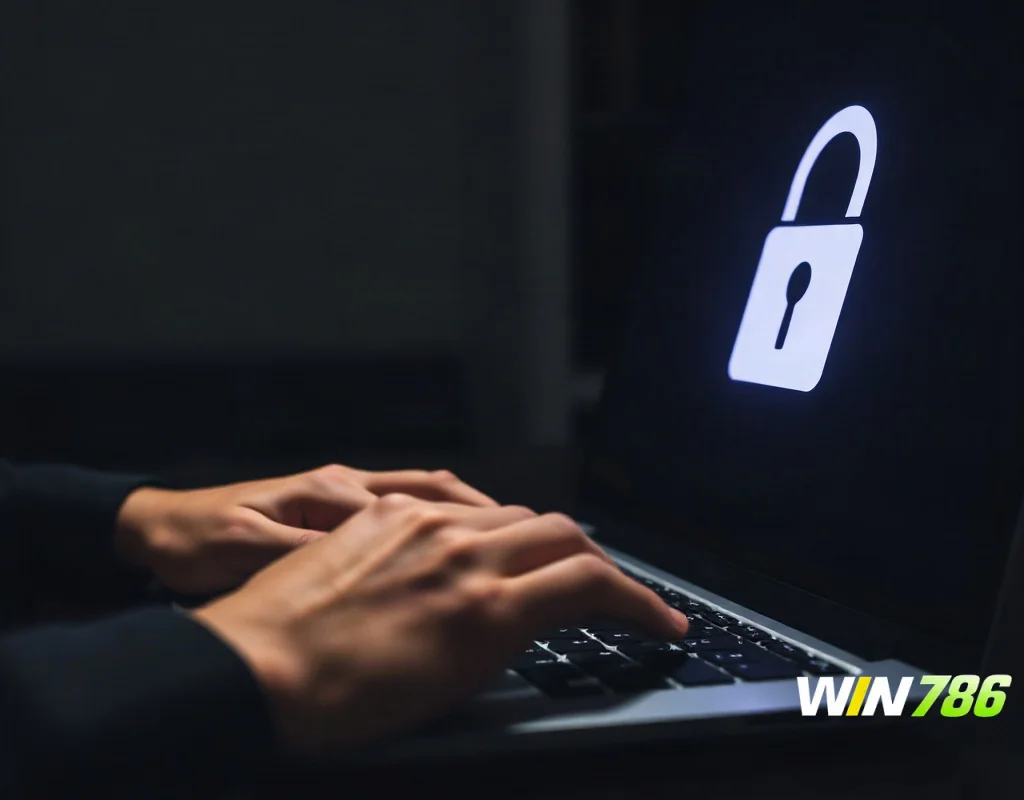 User typing on a laptop with a security padlock icon representing secure verification process.