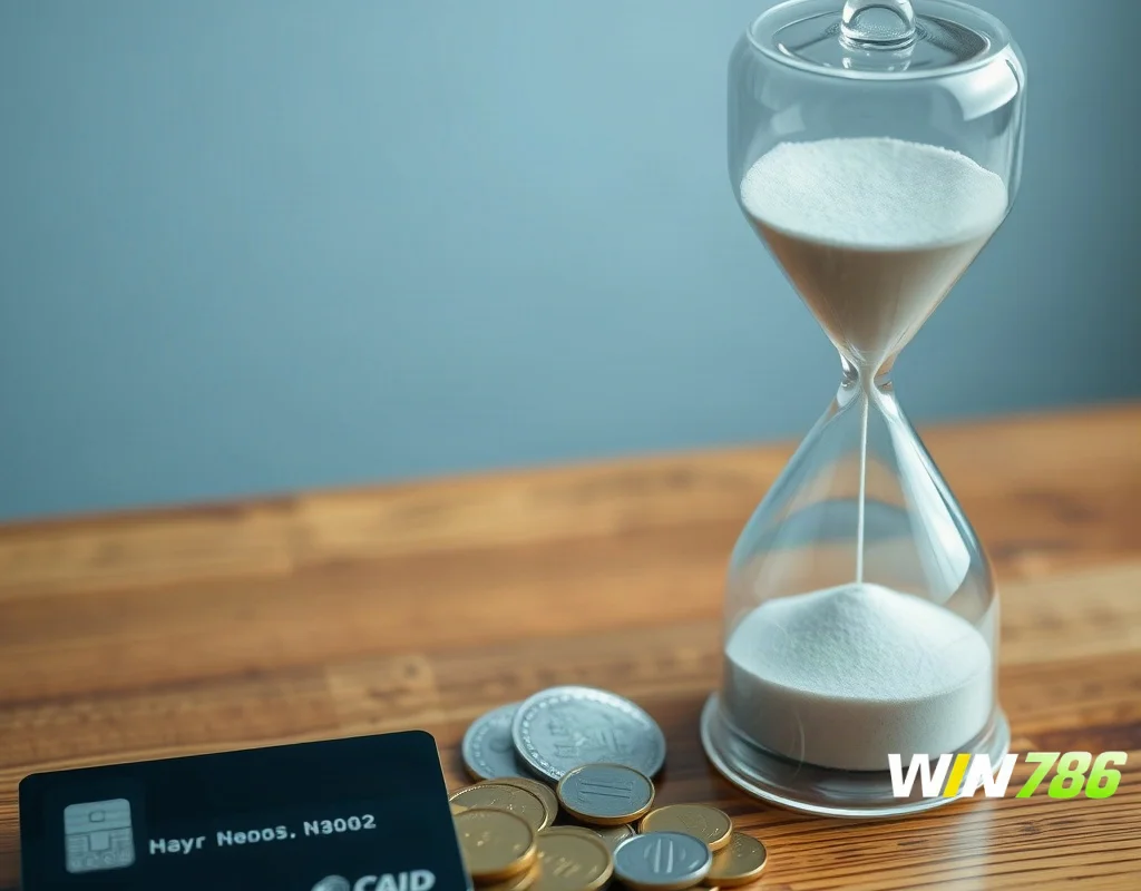 Hourglass with credit card and coins on a desk, symbolizing withdrawal processing time.