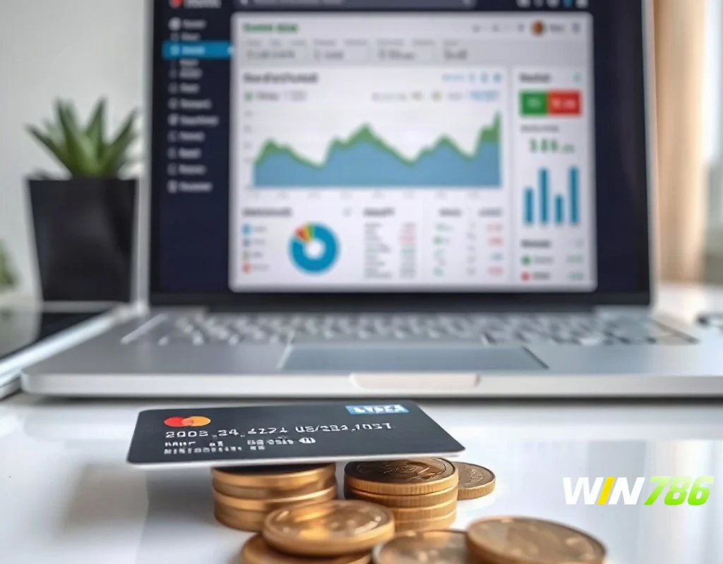 Bank card and coins on a desk representing payment methods